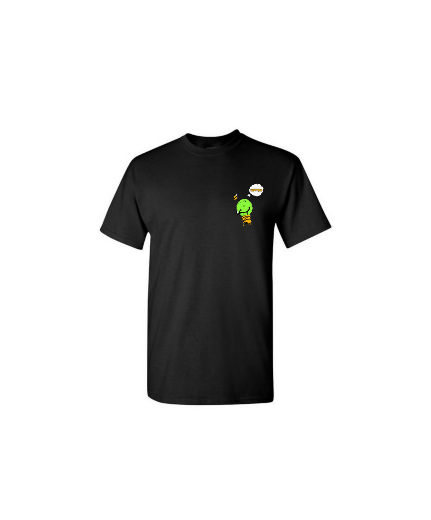 Black crew neck T shirt with drip bulb