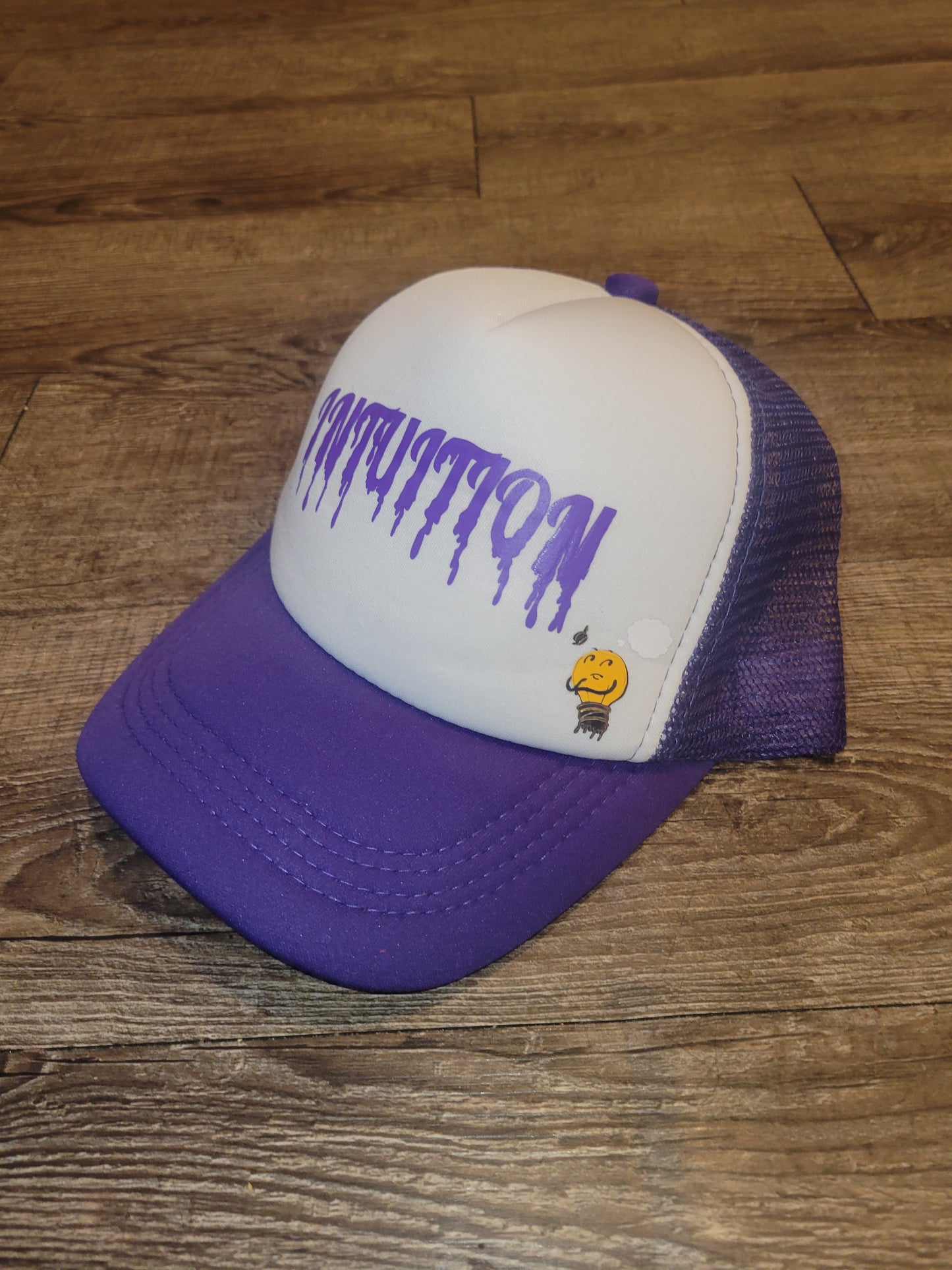 Purple & white intuition trucker hat with purple drip