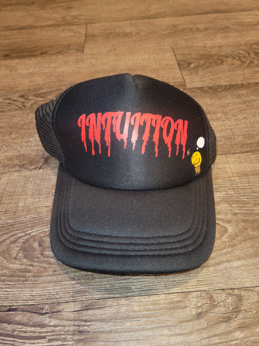 BLACK Trucker with red drip letters