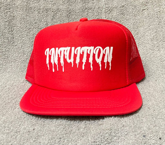 Red Trucker with white drip letters